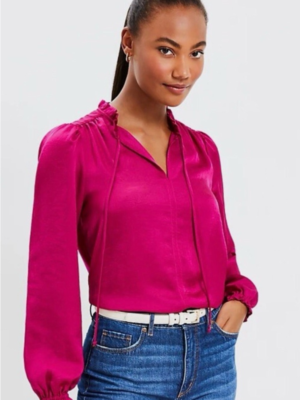 LOFT Fuchsia Tie-Neck Long-Sleeve Blouse